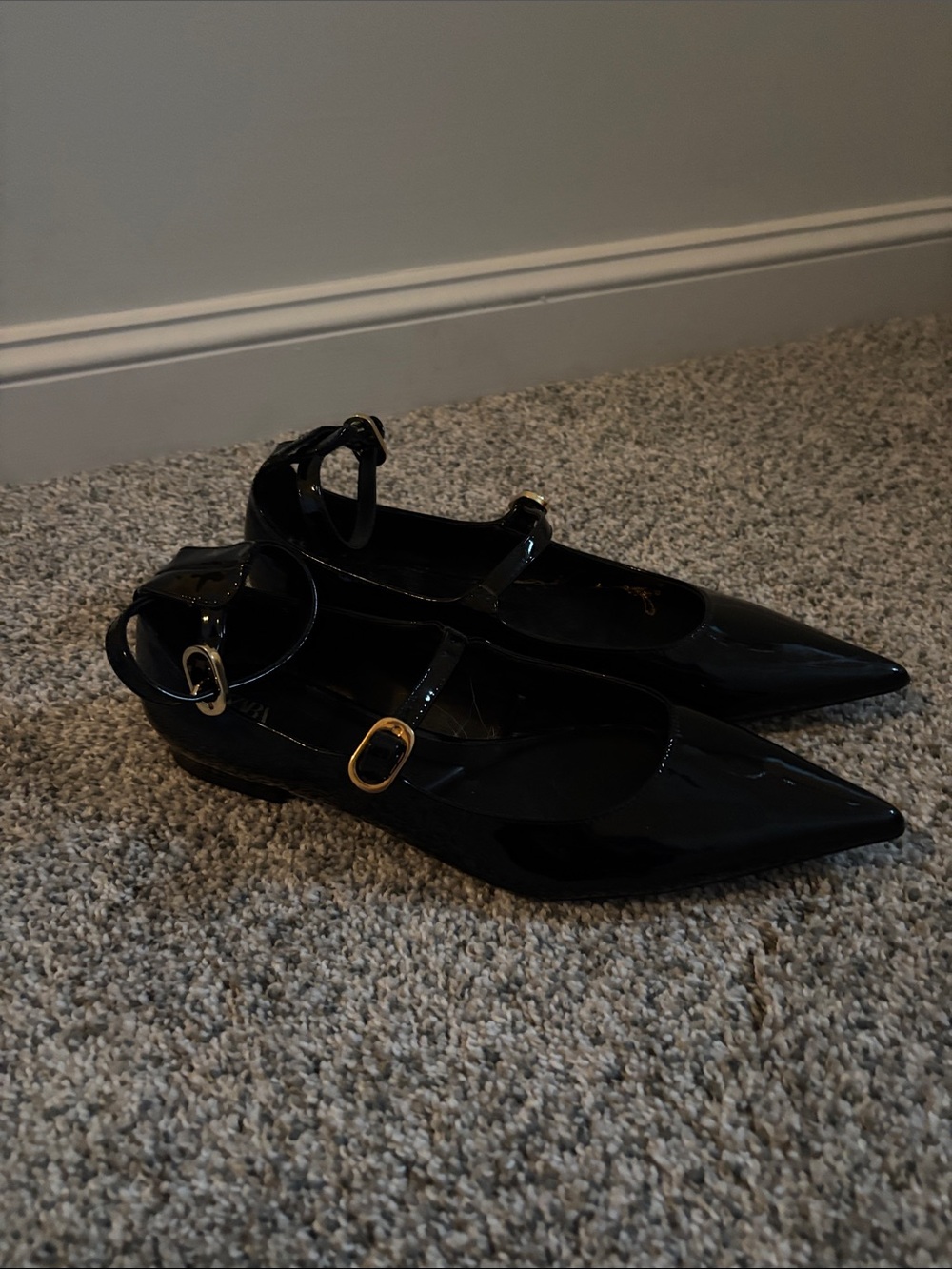 Zara Black Patent Pointed Mary Jane Flats with Gold Accents